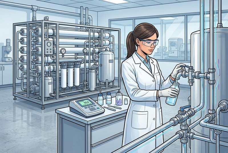 Illustrazione editoriale GuideGxP a colori sul tema GMP: acqua purificata in Farmacopea Europea, analista QC al punto d'uso di un loop di acqua farmaceutica.