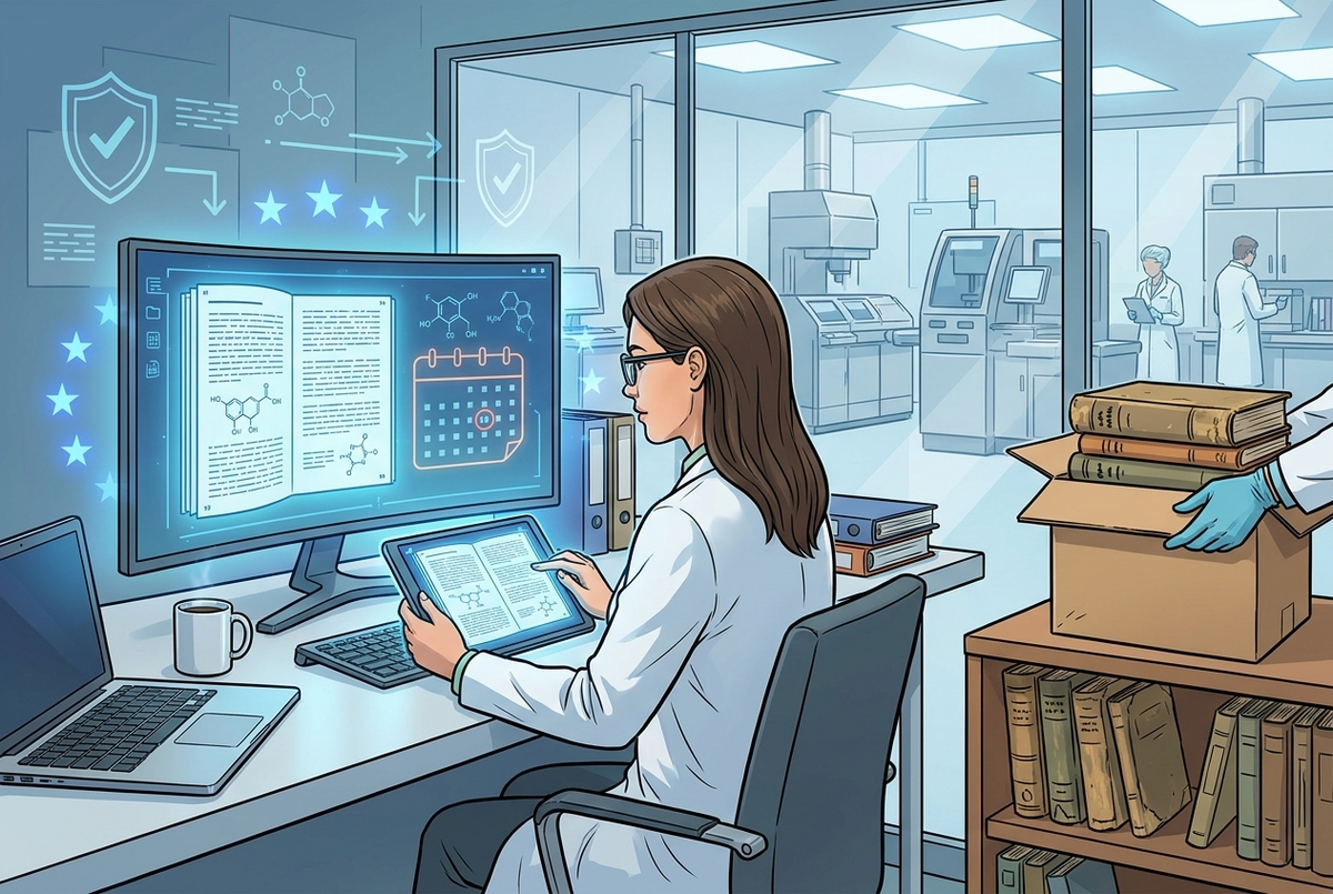Illustrazione editoriale GuideGxP a colori sul tema GMP: accesso alla Farmacopea Europea online.