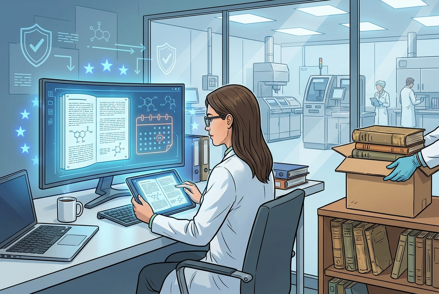 Illustrazione editoriale GuideGxP a colori sul tema GMP: accesso alla Farmacopea Europea online.