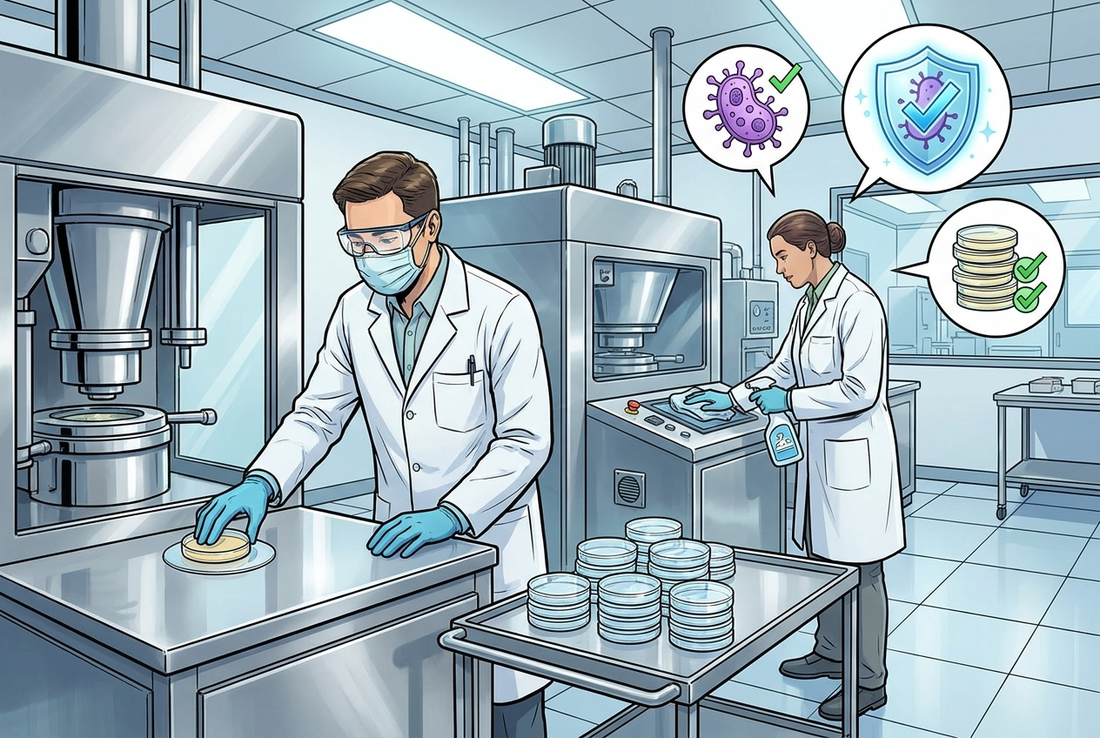 Illustrazione editoriale GuideGxP a colori sul tema GMP: controllo della contaminazione microbica nei prodotti non sterili.