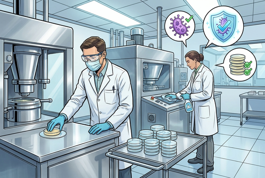 Illustrazione editoriale GuideGxP a colori sul tema GMP: controllo della contaminazione microbica nei prodotti non sterili.