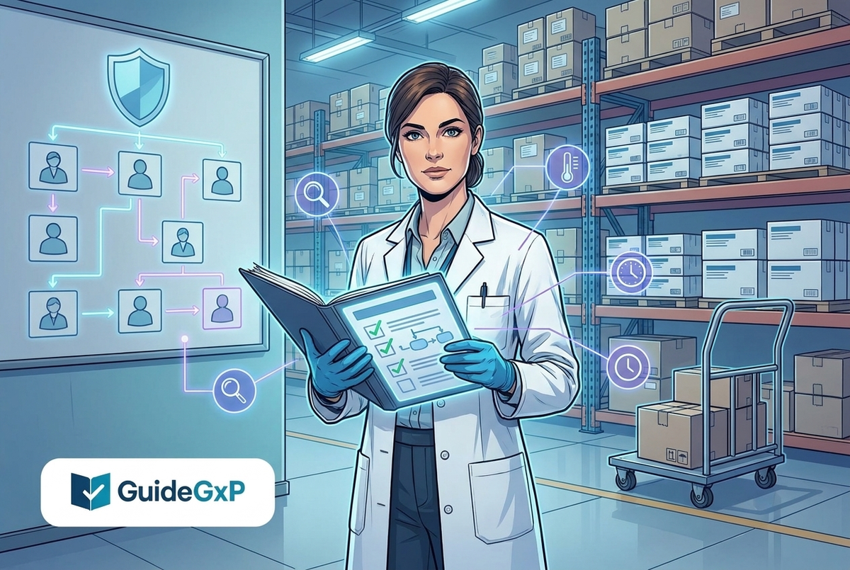 Illustrazione editoriale GuideGxP a colori sul tema GMP: mansionario della Responsible Person GDP nella distribuzione farmaceutica.