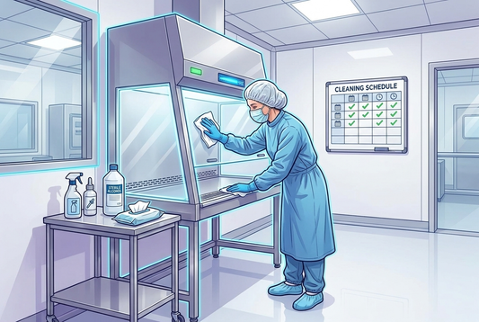 Illustrazione editoriale GuideGxP a colori sul tema GMP: pulizia e disinfezione di una cappa a flusso laminare in farmacia sterile secondo USP 797.