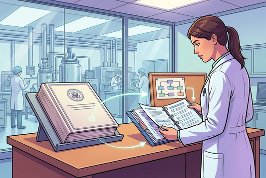 Illustrazione editoriale GuideGxP a colori sul tema GMP: differenza tra norme GMP e procedure operative standard (SOP).