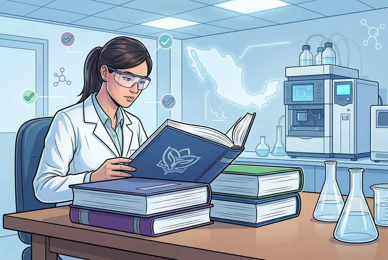 Illustrazione editoriale GuideGxP a colori sul tema GMP: la farmacopea messicana FEUM e il controllo qualità dei medicinali.