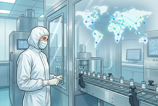 Illustrazione editoriale GuideGxP a colori sul tema GMP: PIC/S GMP Annex 1 e produzione sterile, cleanroom con isolatore e cooperazione internazionale tra autorità.
