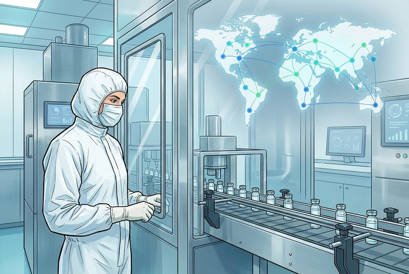 Illustrazione editoriale GuideGxP a colori sul tema GMP: PIC/S GMP Annex 1 e produzione sterile, cleanroom con isolatore e cooperazione internazionale tra autorità.