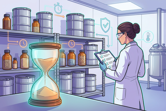 Illustrazione editoriale GuideGxP a colori sul tema GMP: hold time study su intermedi e prodotti bulk farmaceutici.