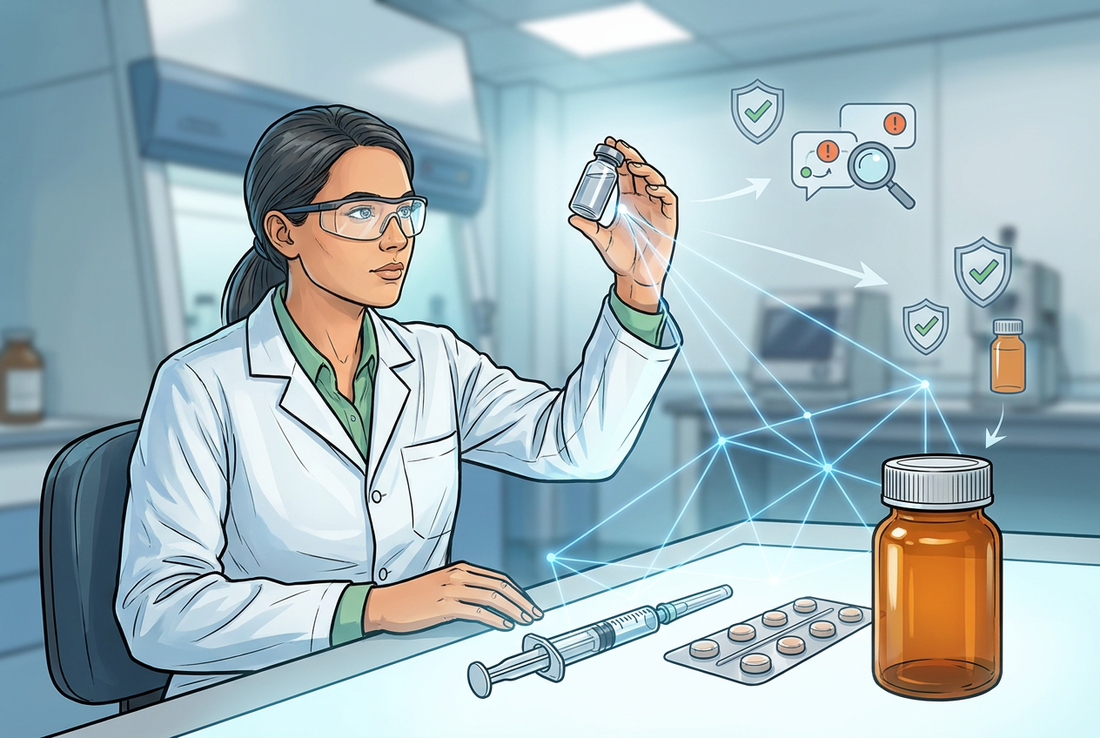 Illustrazione editoriale GuideGxP a colori sul tema GMP: FDA draft guidance sui container closure systems, specialista QC che ispeziona flaconcini e sistemi di chiusura.