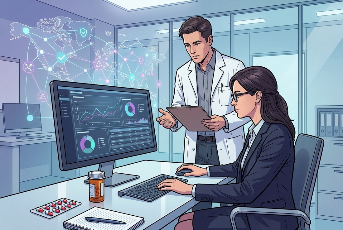Illustrazione editoriale GuideGxP a colori sul tema GMP: lavorare in farmacovigilanza, specialista che analizza segnalazioni di sicurezza dei farmaci.