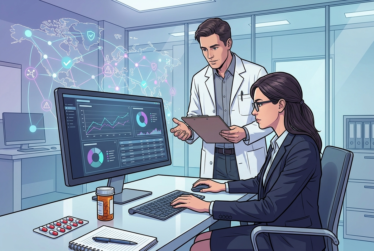 Illustrazione editoriale GuideGxP a colori sul tema GMP: lavorare in farmacovigilanza, specialista che analizza segnalazioni di sicurezza dei farmaci.