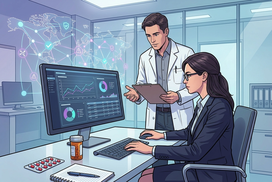 Illustrazione editoriale GuideGxP a colori sul tema GMP: lavorare in farmacovigilanza, specialista che analizza segnalazioni di sicurezza dei farmaci.