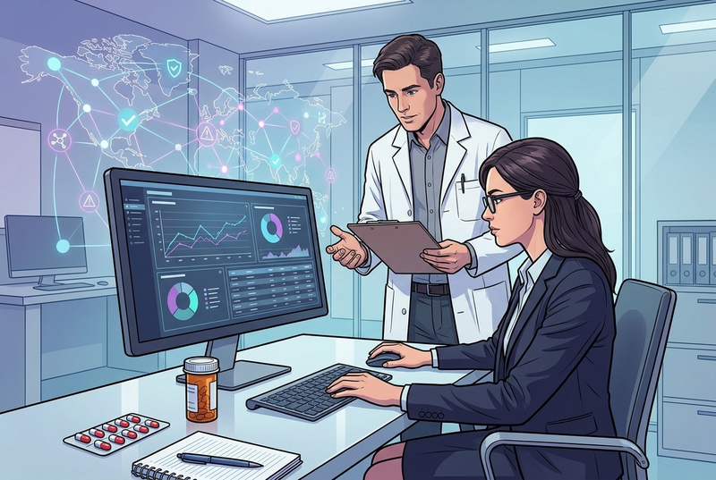 Illustrazione editoriale GuideGxP a colori sul tema GMP: lavorare in farmacovigilanza, specialista che analizza segnalazioni di sicurezza dei farmaci.