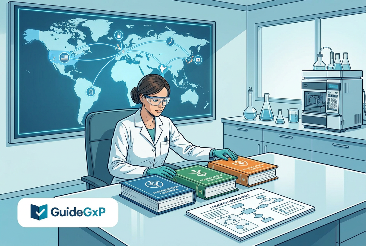 Illustrazione editoriale GuideGxP a colori sul tema GMP: armonizzazione delle farmacopee USP, Ph. Eur. e JP nel laboratorio QC.