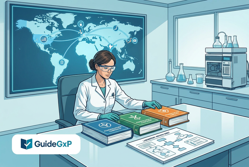Illustrazione editoriale GuideGxP a colori sul tema GMP: armonizzazione delle farmacopee USP, Ph. Eur. e JP nel laboratorio QC.