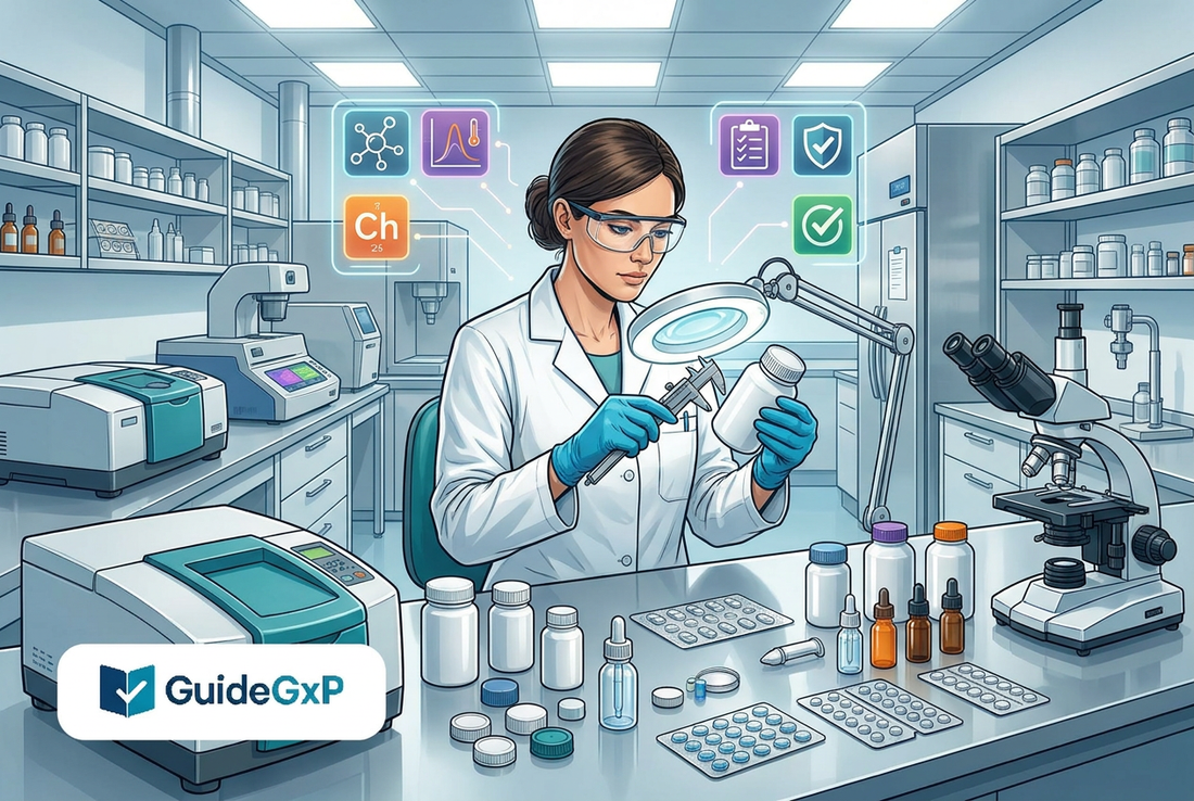 Illustrazione editoriale GuideGxP a colori sul tema GMP: caratterizzazione dei materiali plastici e qualificazione del packaging farmaceutico secondo USP 661.1 e 661.2.