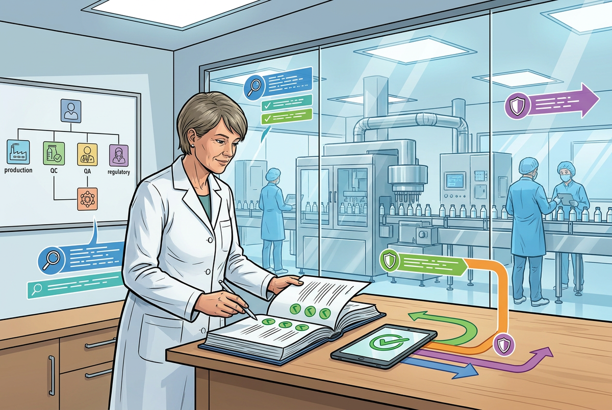 Illustrazione editoriale GuideGxP a colori sul tema GMP: il pharmacien responsable che approva il rilascio di un lotto in azienda farmaceutica.