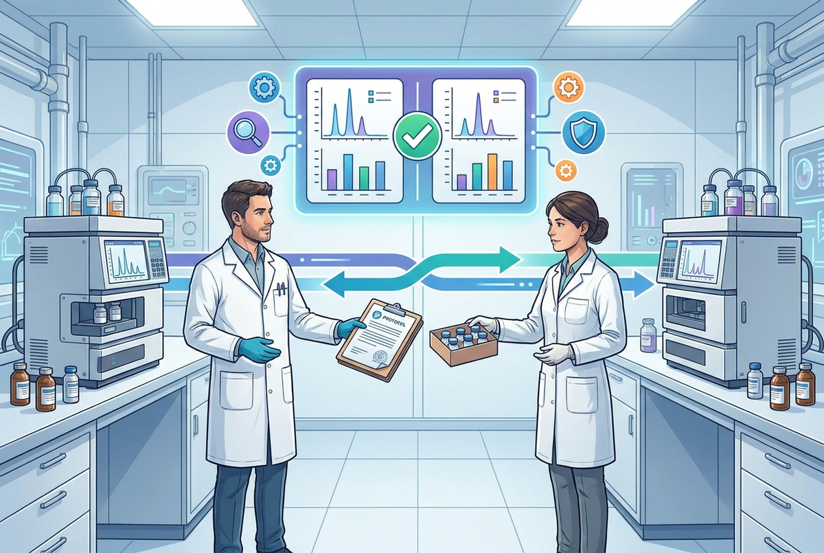 Illustrazione editoriale GuideGxP a colori sul tema GMP: trasferimento dei metodi analitici tra due laboratori di controllo qualità.