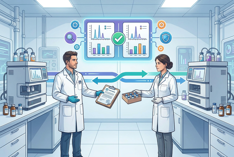 Illustrazione editoriale GuideGxP a colori sul tema GMP: trasferimento dei metodi analitici tra due laboratori di controllo qualità.