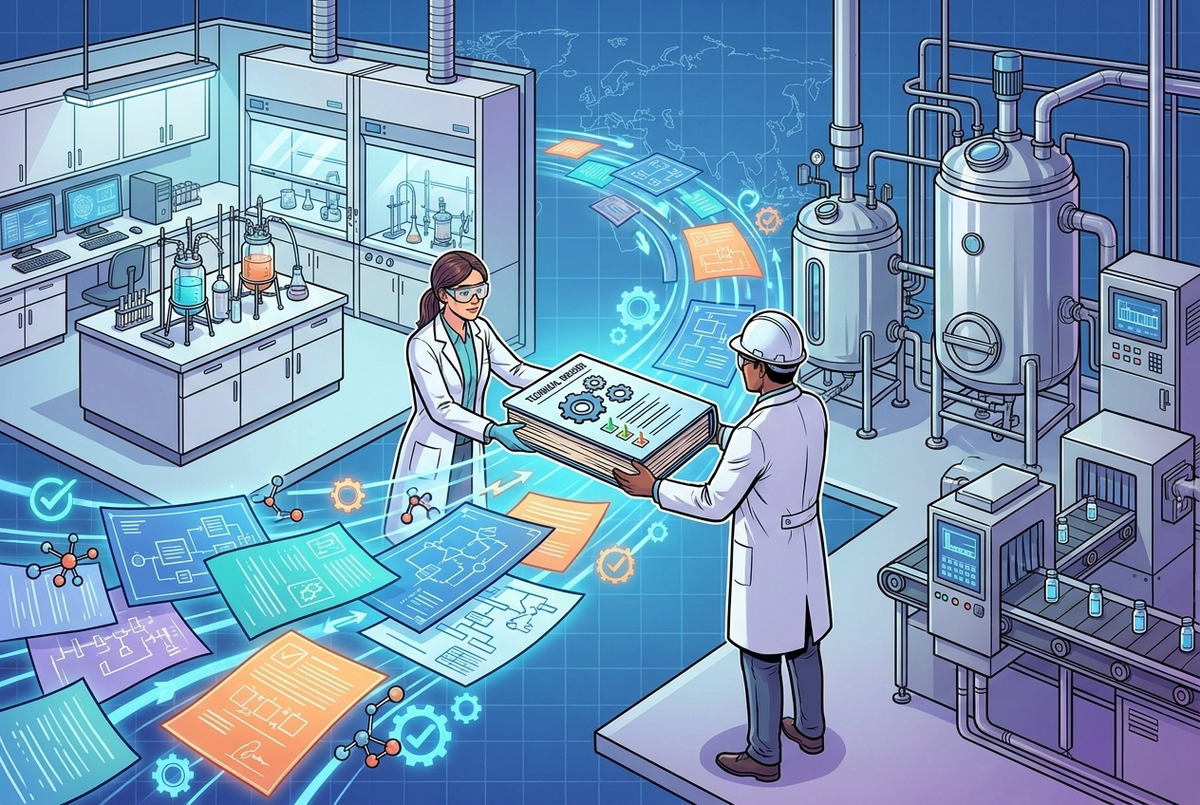 Illustrazione editoriale GuideGxP a colori sul tema GMP: technology transfer farmaceutico tra due siti produttivi.