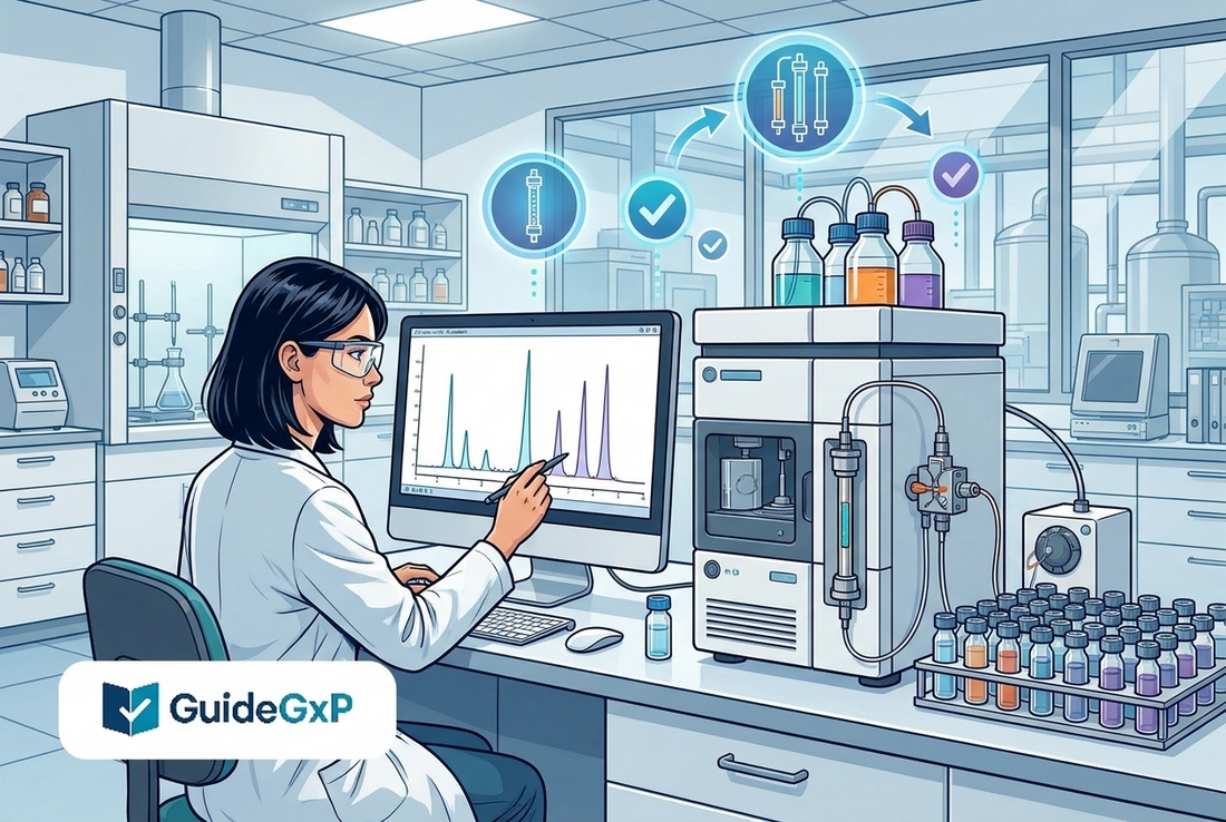 Illustrazione editoriale GuideGxP a colori sul tema GMP: cromatografia USP <621> e system suitability nel laboratorio di controllo qualità.