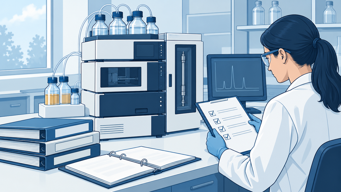 Cromatografo liquido generico con dispositivi di riferimento e documenti di qualifica senza testo esaminati da un tecnico di laboratorio.