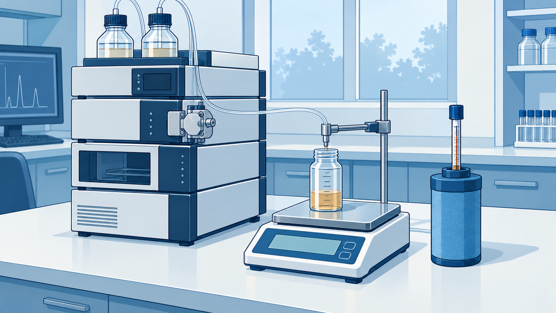 HPLC-Pumpe mit Auslassschlauch neben einer Laborwaage mit Auffanggefäß und einem externen Temperaturreferenzgerät.