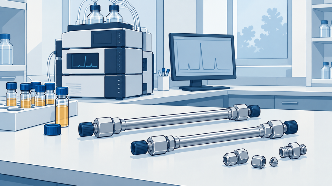 Zwei analytische HPLC-Säulen mit kleinen Verschraubungen und blau verschlossenen Vials auf einem weißen Labortisch.