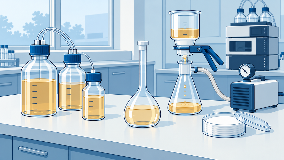 Flaschen für mobile Phasen, ein Messkolben und eine Vakuumfiltration aus Glas auf einem sauberen Labortisch.