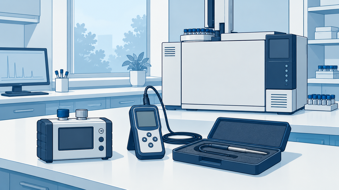 Gaschromatograph neben illustrativen Referenzgeräten für Durchfluss und Temperatur auf einem sauberen Labortisch.
