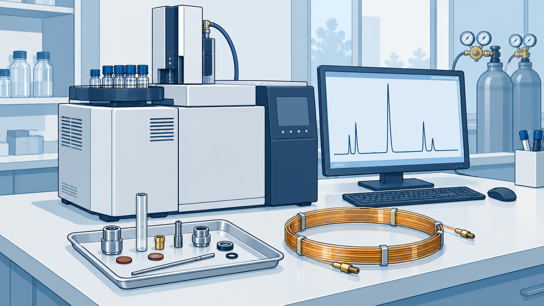 Cromatógrafo de gases genérico con componentes de inyector y columna capilar ordenados en una bandeja, junto a un monitor ilustrativo.