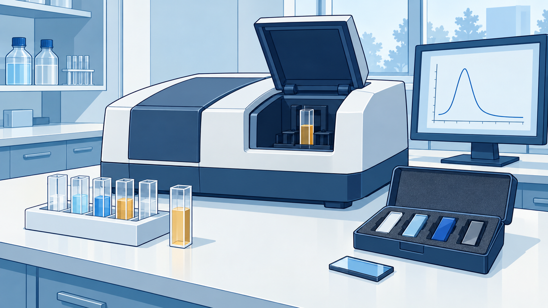UV-Vis spectrophotometer with transparent cuvettes and optical reference filters on a clean laboratory bench