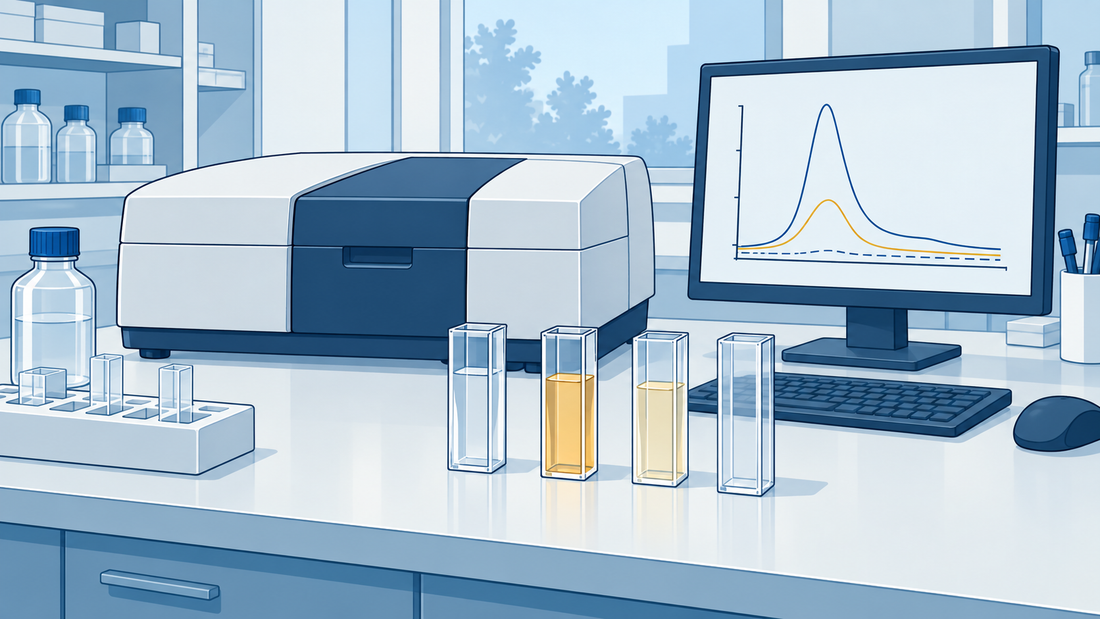 Cuves transparentes devant un spectrophotomètre UV-Visible et un écran présentant des courbes qualitatives