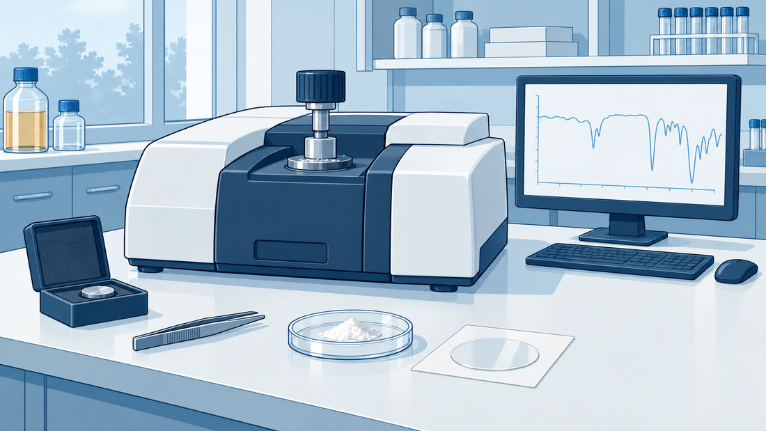 Generisches FTIR-Spektrometer mit ATR-Andruckvorrichtung, Feststoffprobe und separater Referenzfolie auf einem Labortisch.
