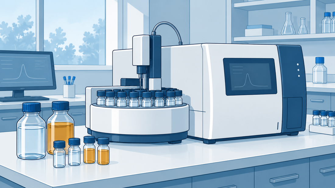 Generischer weiß-blauer TOC-Tischanalysator mit angeschlossenem Autosampler und verschlossenen Vials neben klarem Wasser und hellgelben Prozessproben in einem sauberen Labor.