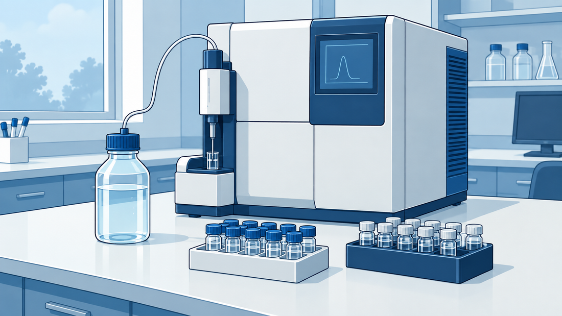 Geschlossener weiß-blauer TOC-Analysator mit angeschlossener Probenahmesonde, Klarwasserflasche und zwei getrennten Gestellen geschlossener transparenter Probengefäße.