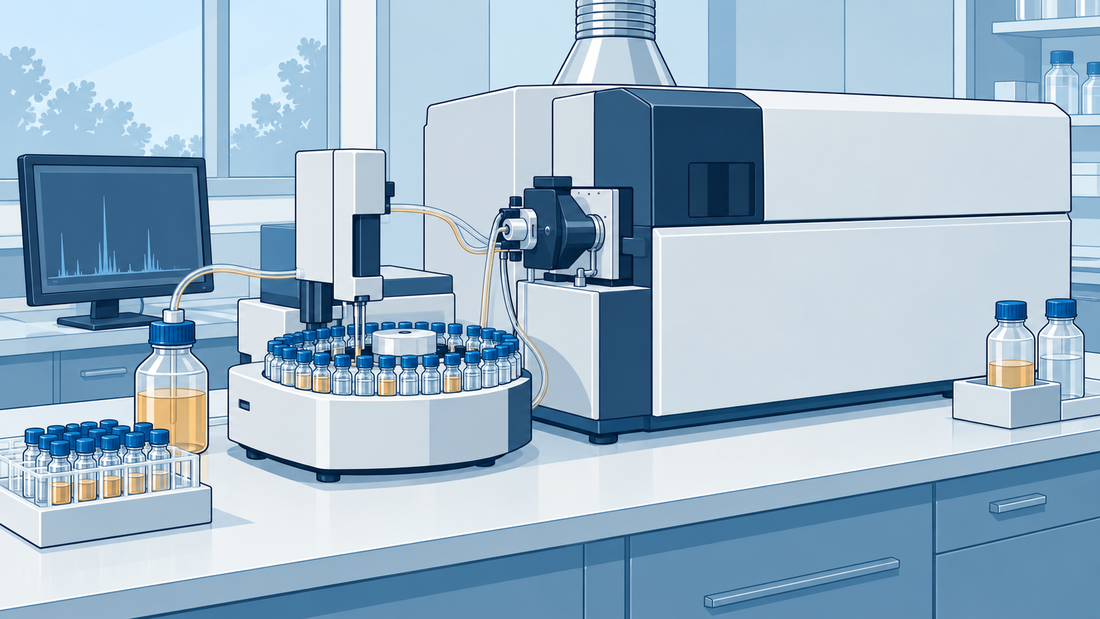 Geschlossenes generisches ICP-MS mit Autosampler, Probenröhrchen und durchgehender Probenleitung im sauberen Labor.