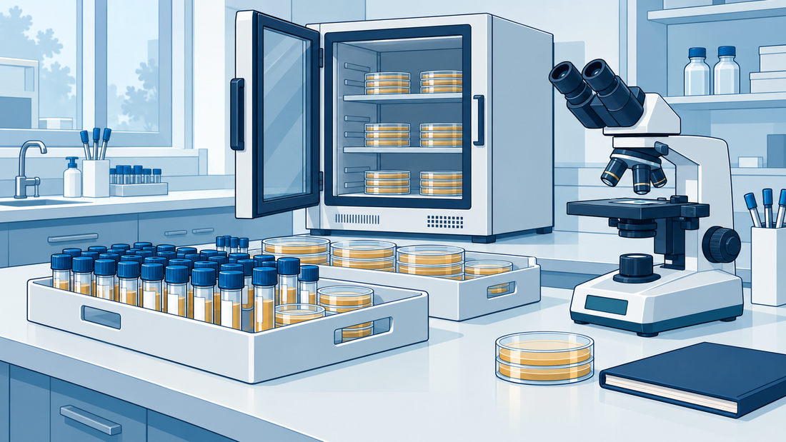 Muestras cerradas organizadas en bandejas, incubador y microscopio en un laboratorio de microbiología farmacéutica.