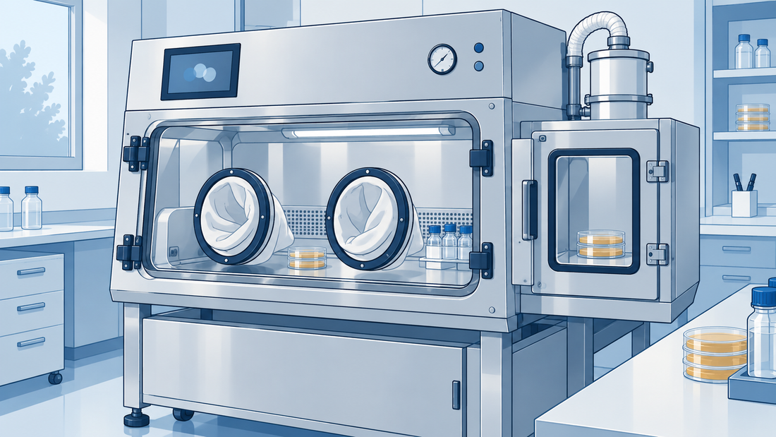 Laborisolator aus Edelstahl mit zwei nach innen gerichteten Handschuhen, Filtrationssystem und geschlossener seitlicher Transferkammer.