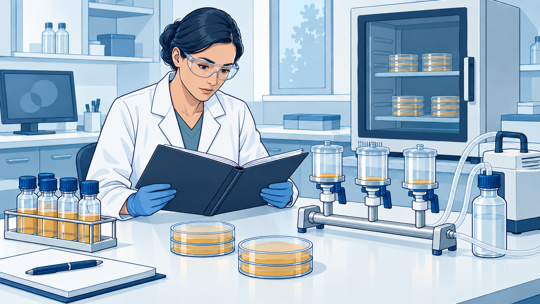 Analista de laboratorio examinando un expediente junto a recipientes de ensayo cerrados, muestras selladas y un sistema de filtración.