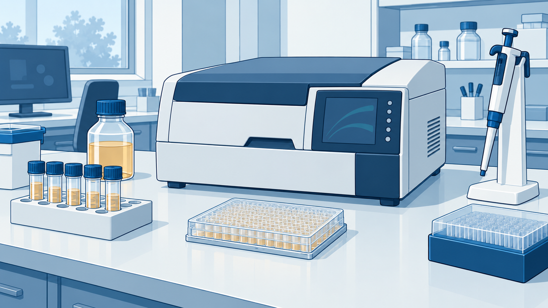 Generisches Mikrotiterplatten-Lesegerät, verschlossene Proben und Mikropipette an einem Arbeitsplatz für Endotoxinprüfungen, ohne angezeigte Analysenergebnisse.