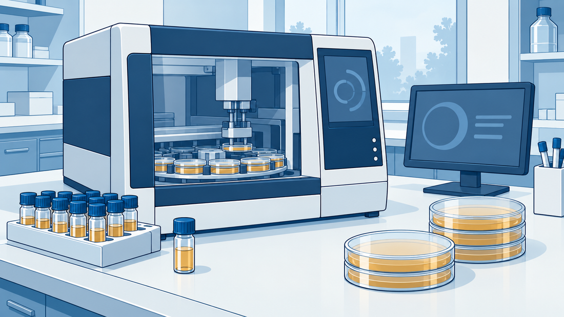 Generisches automatisiertes mikrobiologisches Analysegerät mit verschlossenen Proben und versiegelten Platten auf einer pharmazeutischen Laborbank.