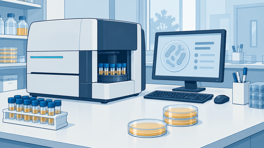 Generisches Instrument zur mikrobiellen Identifizierung mit Computerarbeitsplatz und geschlossenen Proben in einem pharmazeutischen Labor.