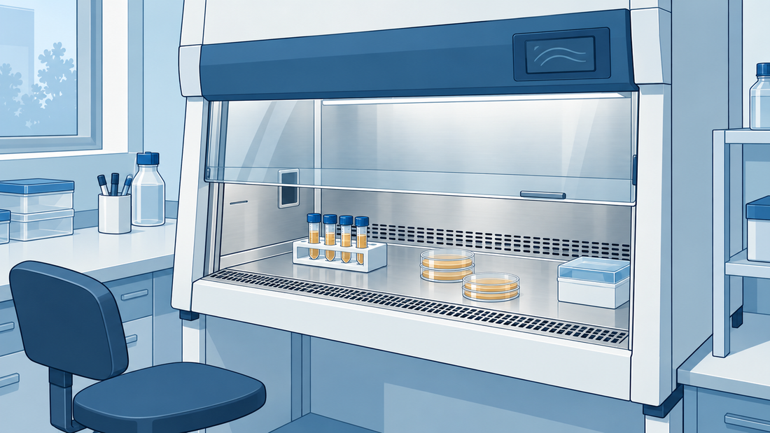 Mikrobiologische Sicherheitswerkbank mit Frontscheibe, Edelstahlfläche und freien Lüftungsgittern, mit wenigen geschlossenen Röhrchen und Platten.