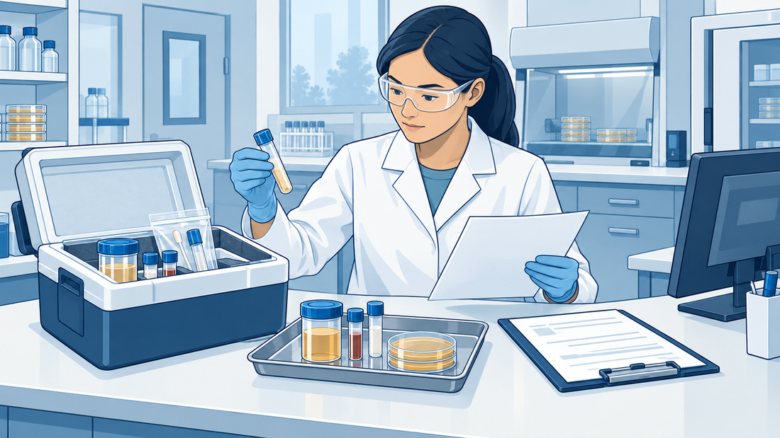 Recepción de un laboratorio de microbiología con maleta de transporte, muestras cerradas, bandeja organizada y documentos sin texto.