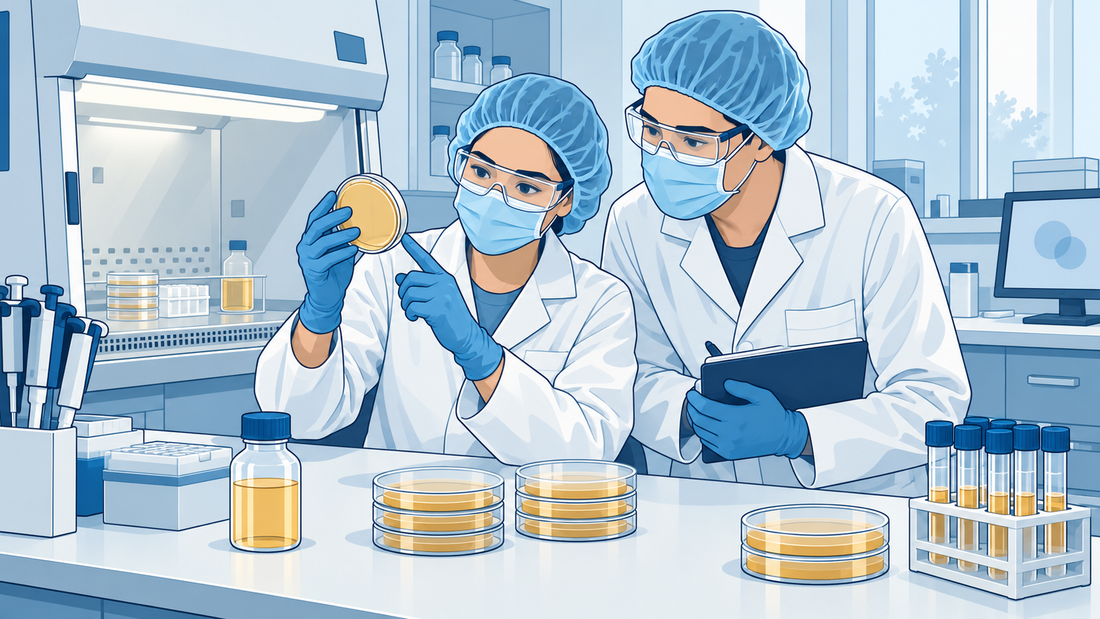 Deux professionnels en blouse, gants, charlotte et lunettes de protection examinent des échantillons fermés pendant une formation supervisée en microbiologie.