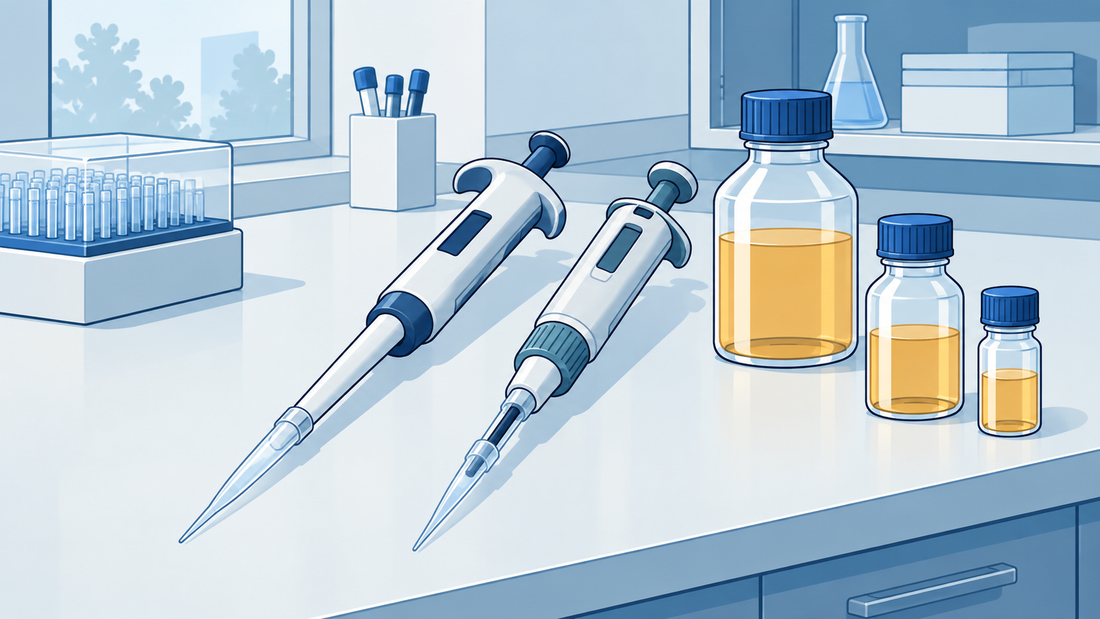 Dos pipetas monocanal con punta cónica y capilar con pistón junto a tres frascos cerrados sobre una mesa de laboratorio.
