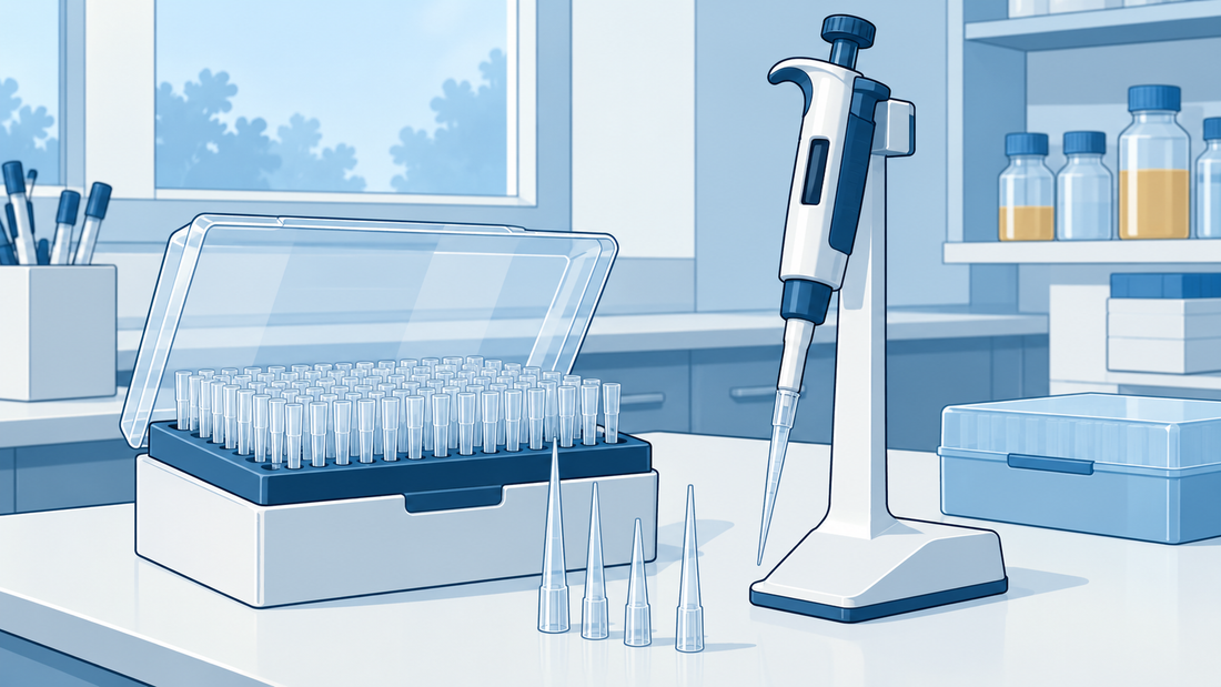Geordnetes Rack transparenter Pipettenspitzen neben einer Pipette mit korrekt aufgesetzter Spitze im Laborständer.
