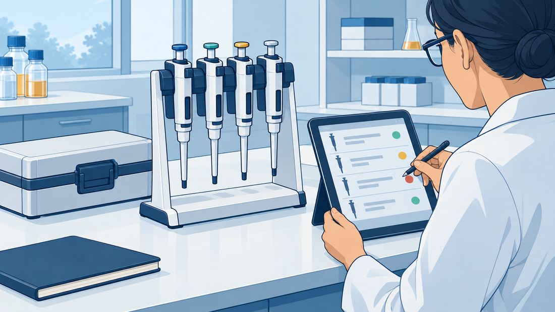 Four pipettes arranged on a rack beside a closed case and a tablet showing a register without readable data.