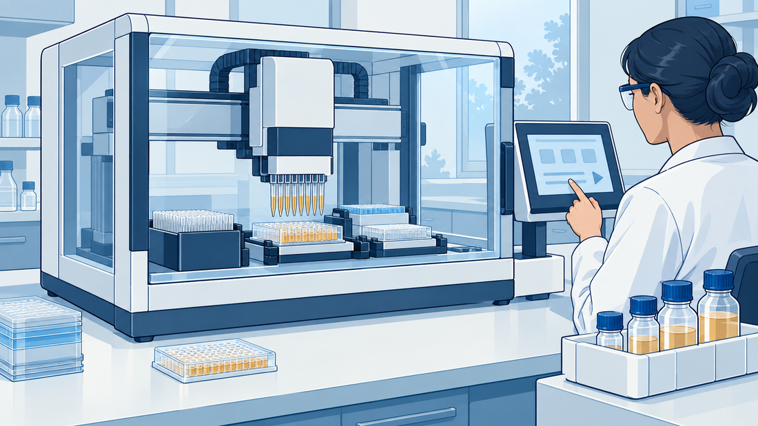 Automatisierte Liquid-Handling-Plattform mit transparenter Schutzeinhausung, Mehrkanalkopf und Platten auf dem Deck.